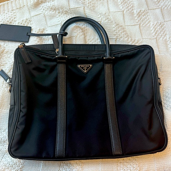 Prada Tessuto saffiano black nylon logo plaque briefcase bag - like new! - Picture 1 of 14